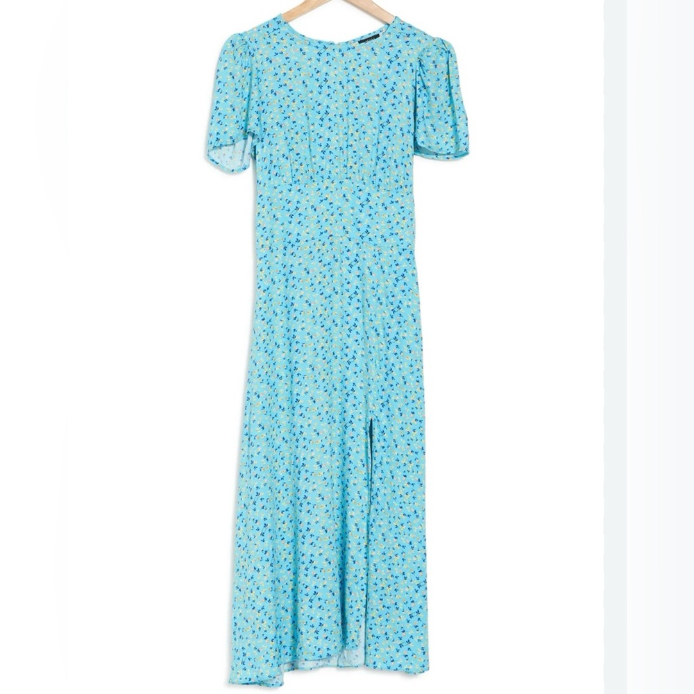 Afrm Jamie Print Open Back Short Sleeve Dress In Blue Ditsy  Size Medium